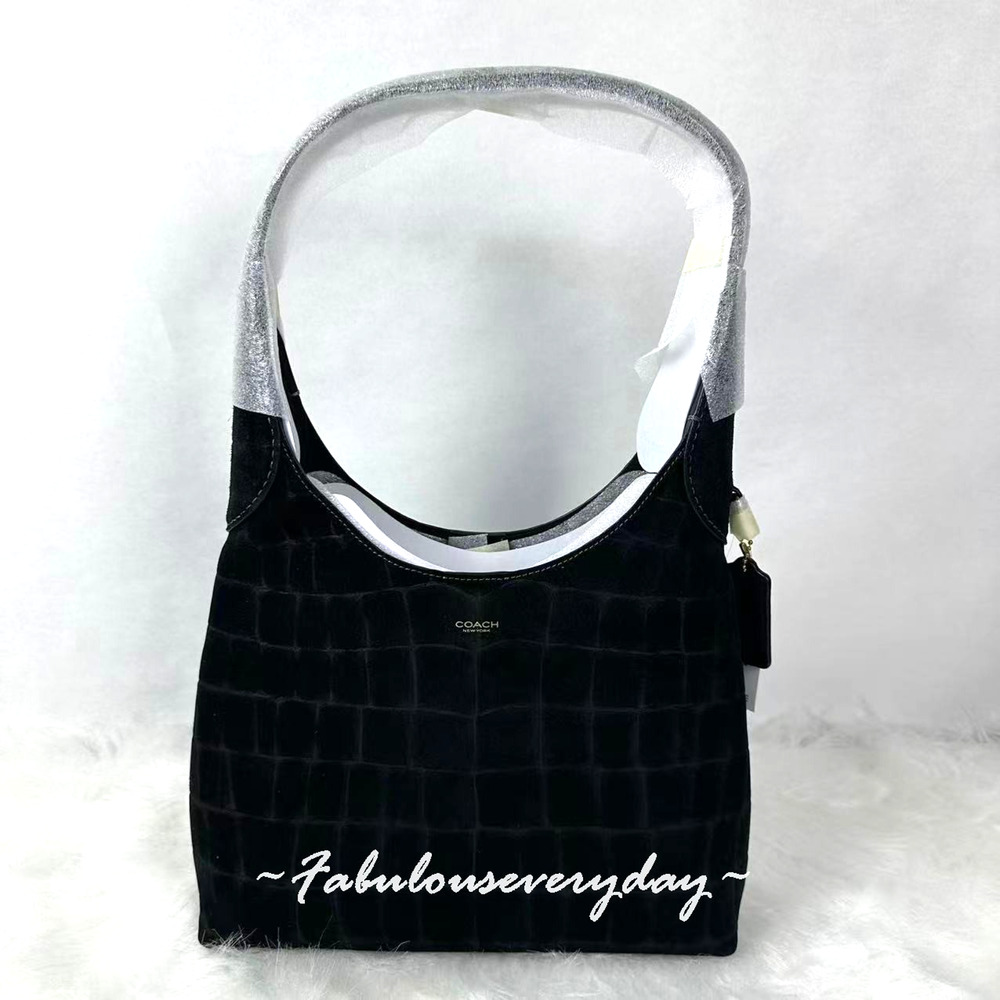 Coach Brooklyn shoulder bag 28 Crocodile-embossed Suede/Brass/black CCJ00 NWT - Picture 2 of 10